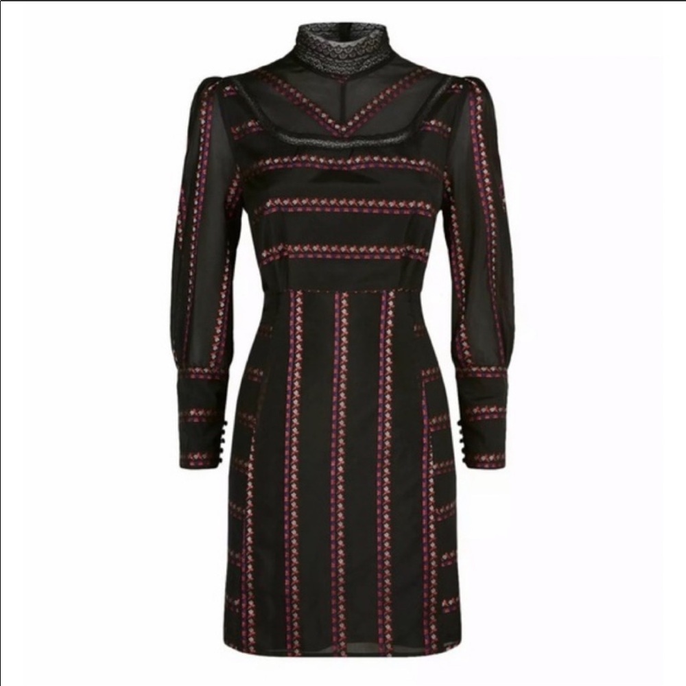 NWT Sandro Sibel Floral Jacquard Mini Dress Lace Mock Neck Metallic - Picture 3 of 5